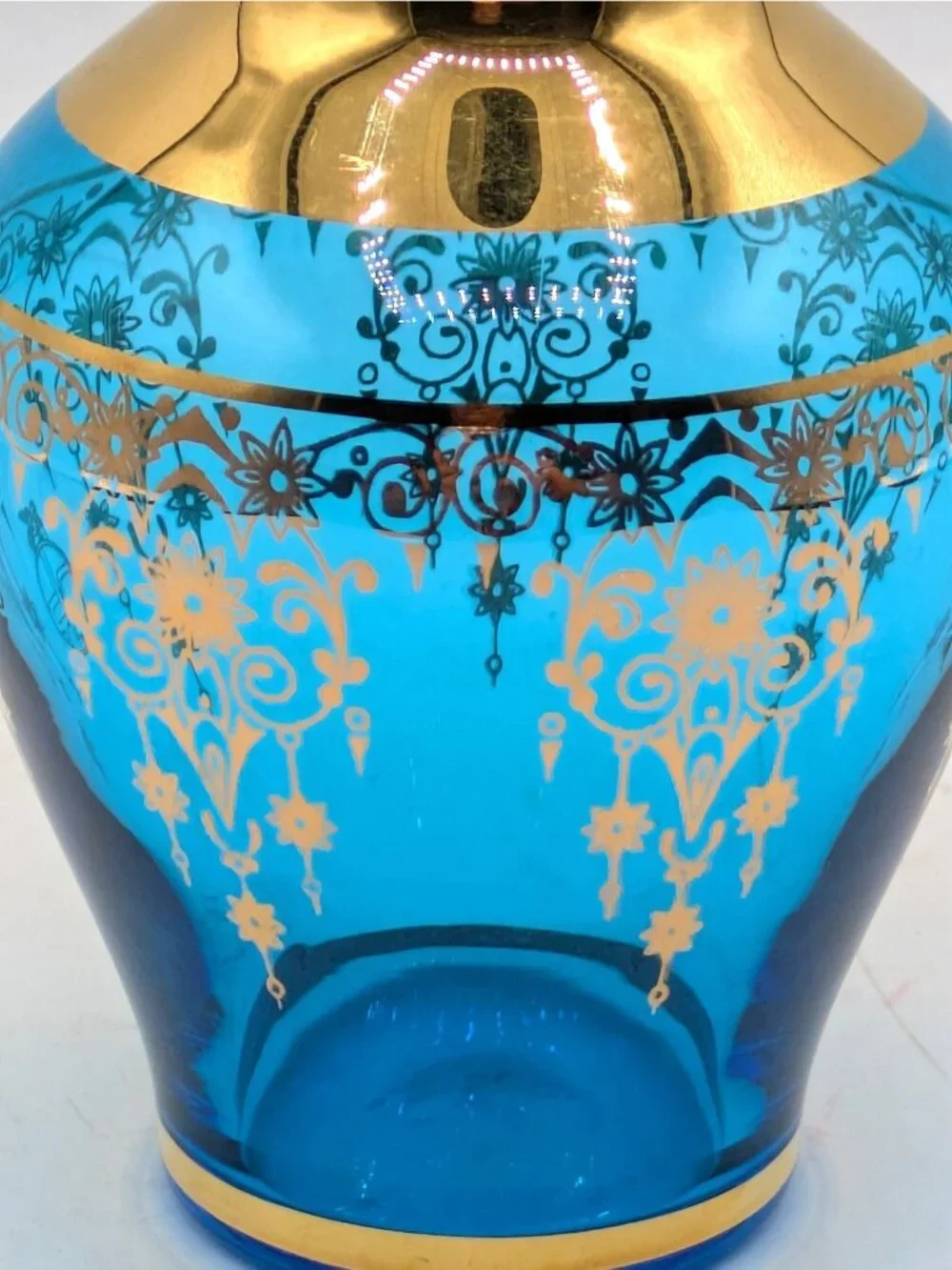 Ferro & Lazzarini Murano Italian Aqua Blue Art Glass Vase 22K Gold Gild 4.25